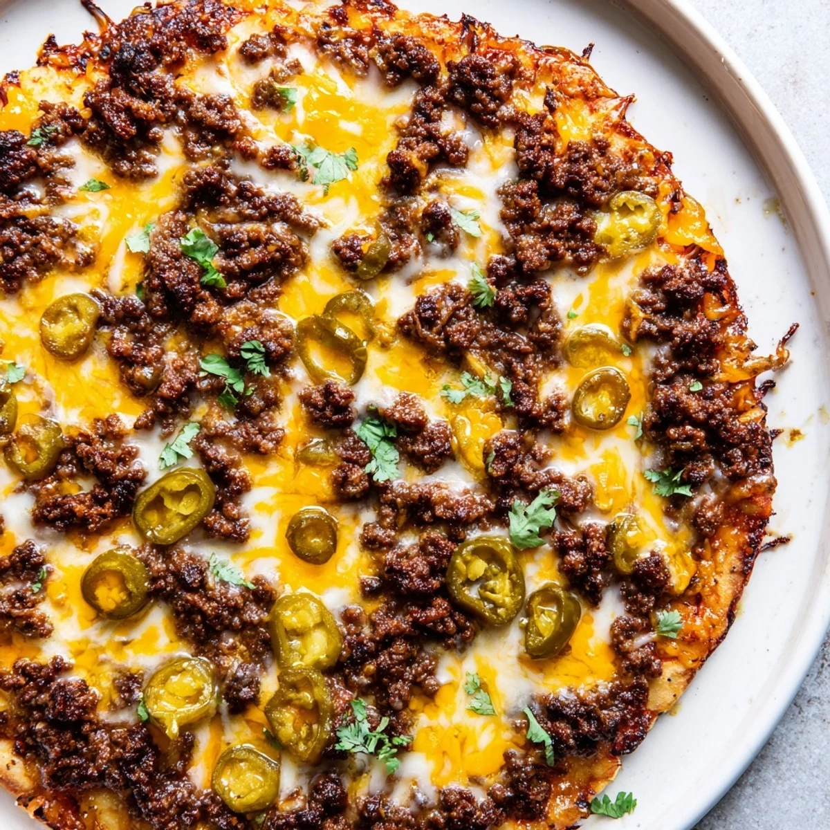 Juicy Spicy Ground Beef Pizza, overflowing with melted cheese and ready to eat.