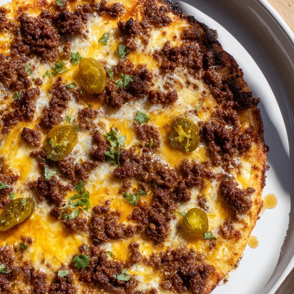 Close-up of a bubbling Spicy Ground Beef Pizza, drizzled with hot honey and fresh herbs.