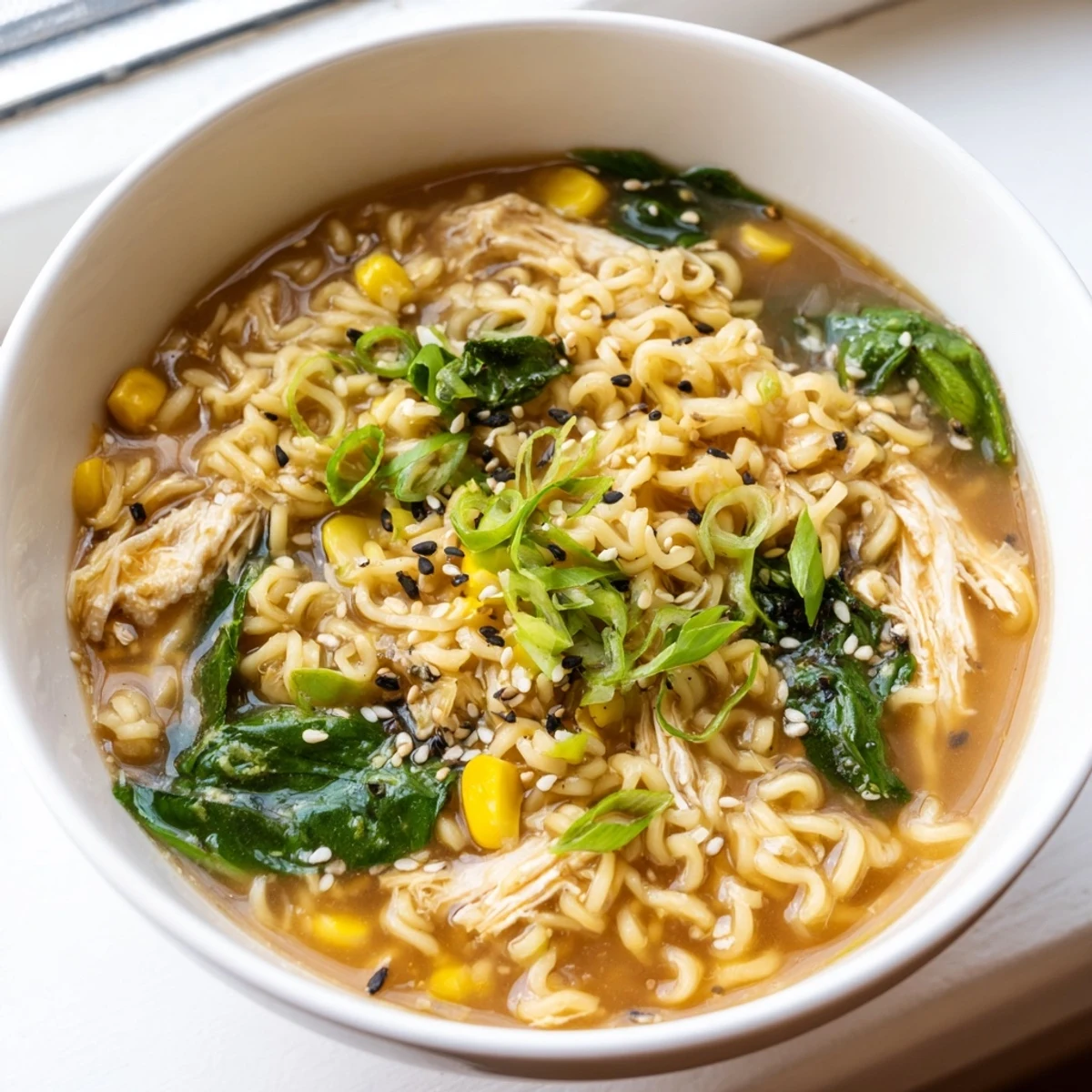Silky egg ribbons and tender noodles in a bowl of flavorful Elevated Ramen Egg Drop Soup.