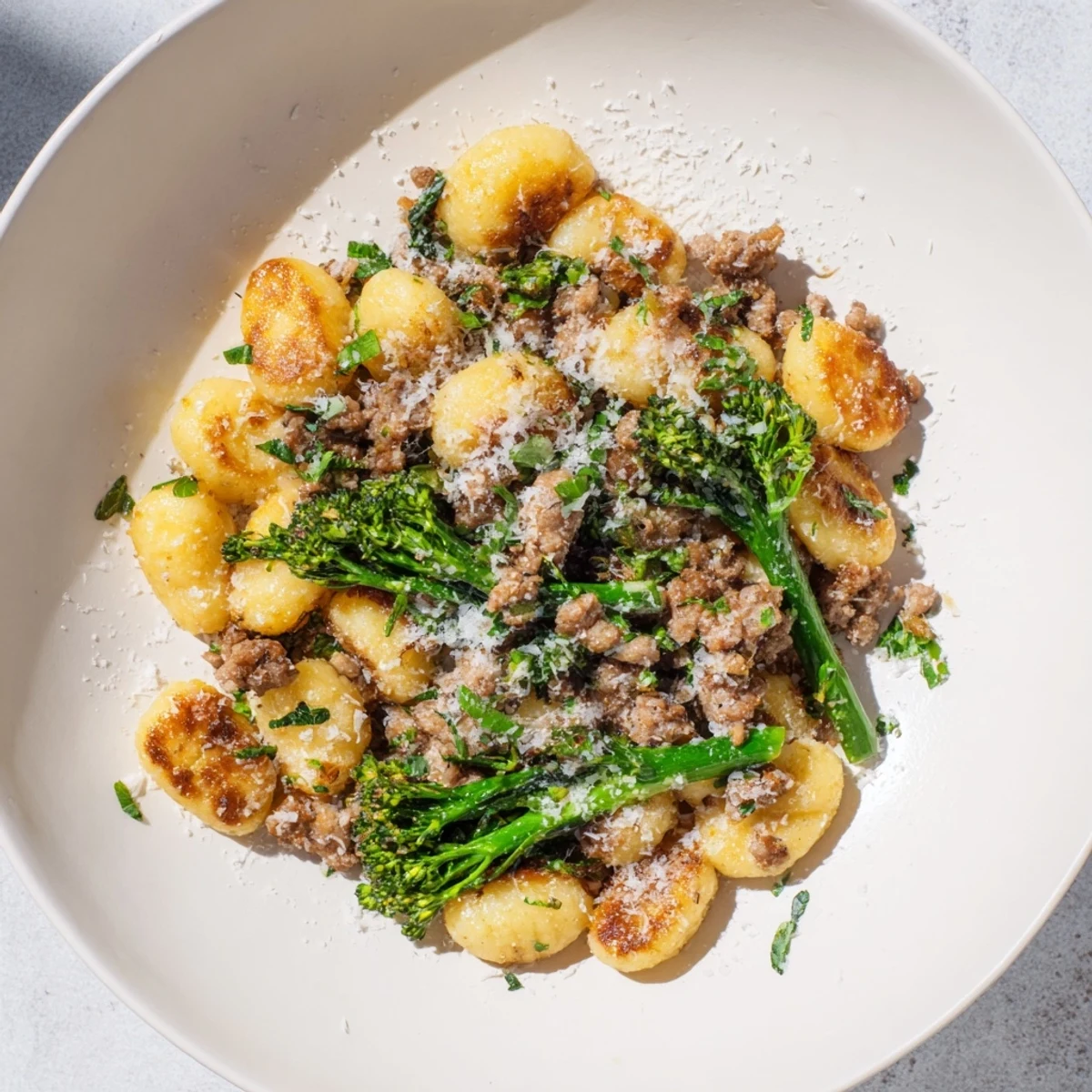 Crispy sheet pan gnocchi bake with sausage, broccolini, and golden, browned gnocchi on a baking sheet.