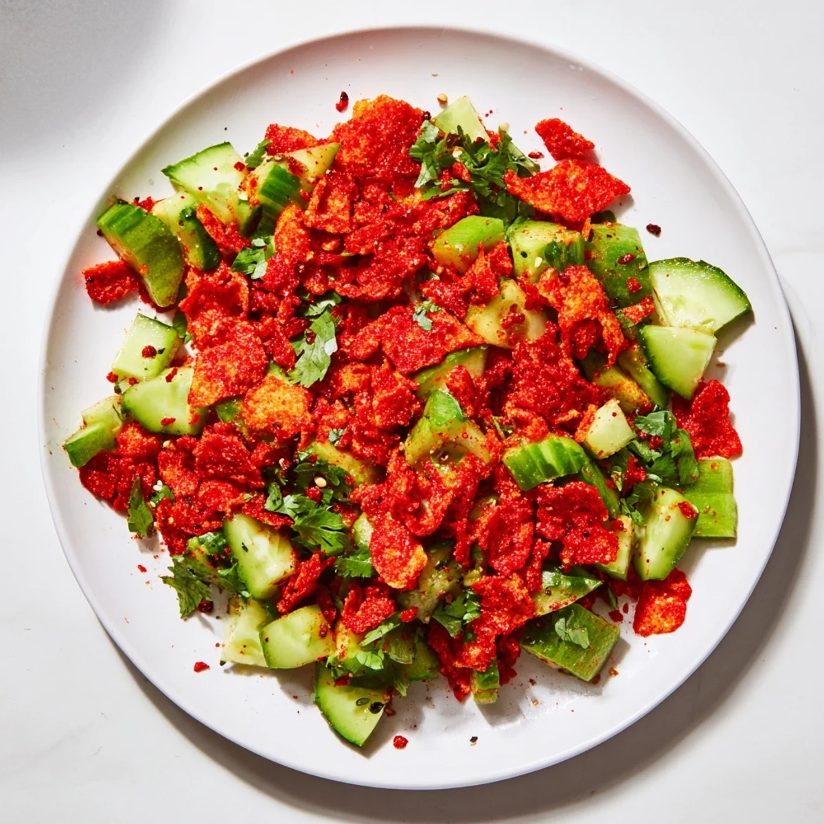 Close-up of a crunchy Flamin Hot Cheeto Salad, drizzled with spicy lime dressing, ready to eat.