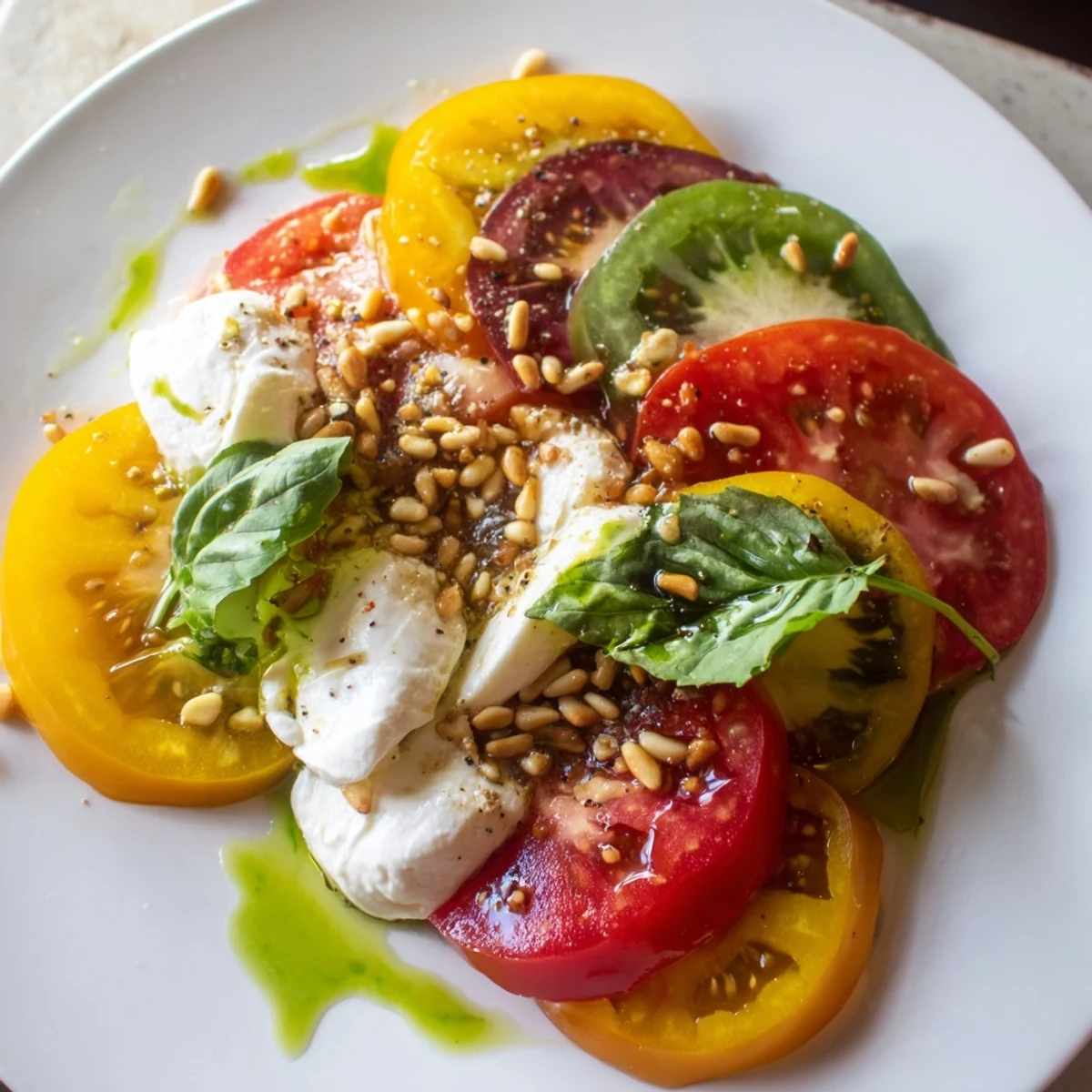 Beautifully arranged heirloom tomato salad board: a colorful appetizer for sharing with crusty bread.