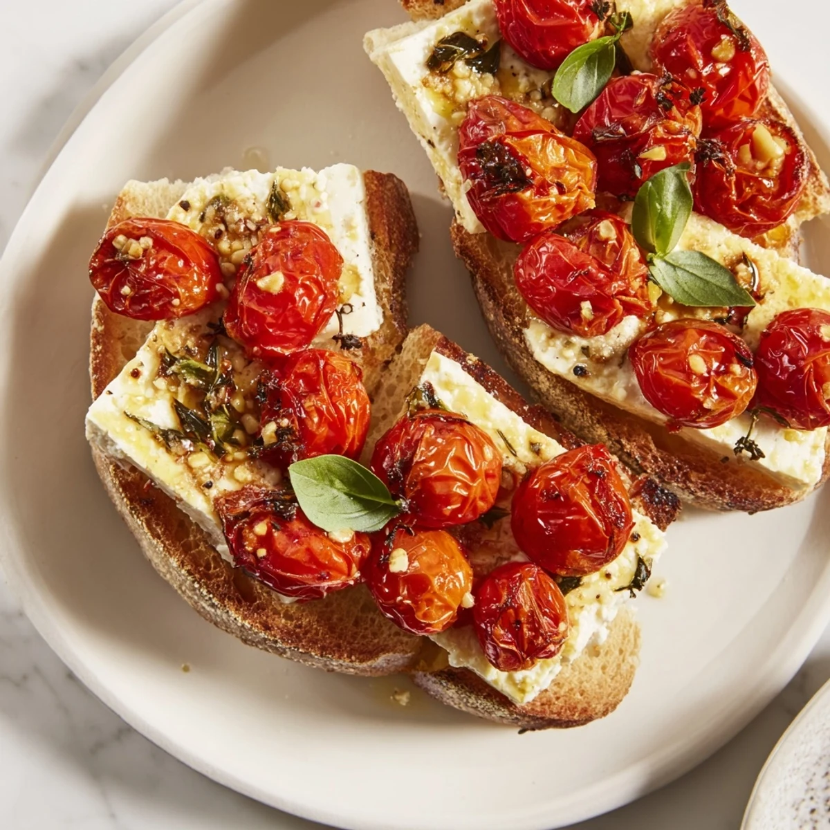 Warm Baked Feta Toast with roasted cherry tomatoes and fresh basil, a colorful Mediterranean snack.