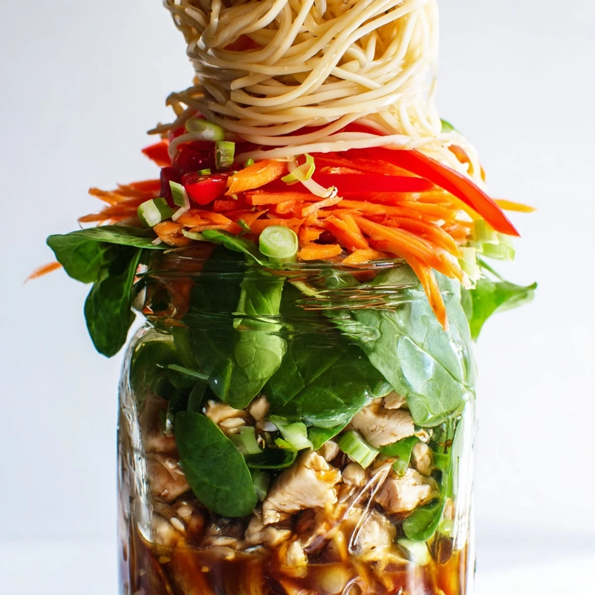 Freshly layered Mason Jar Noodle Meal Prep featuring colorful vegetables and cooked chicken, ready to shake and enjoy.