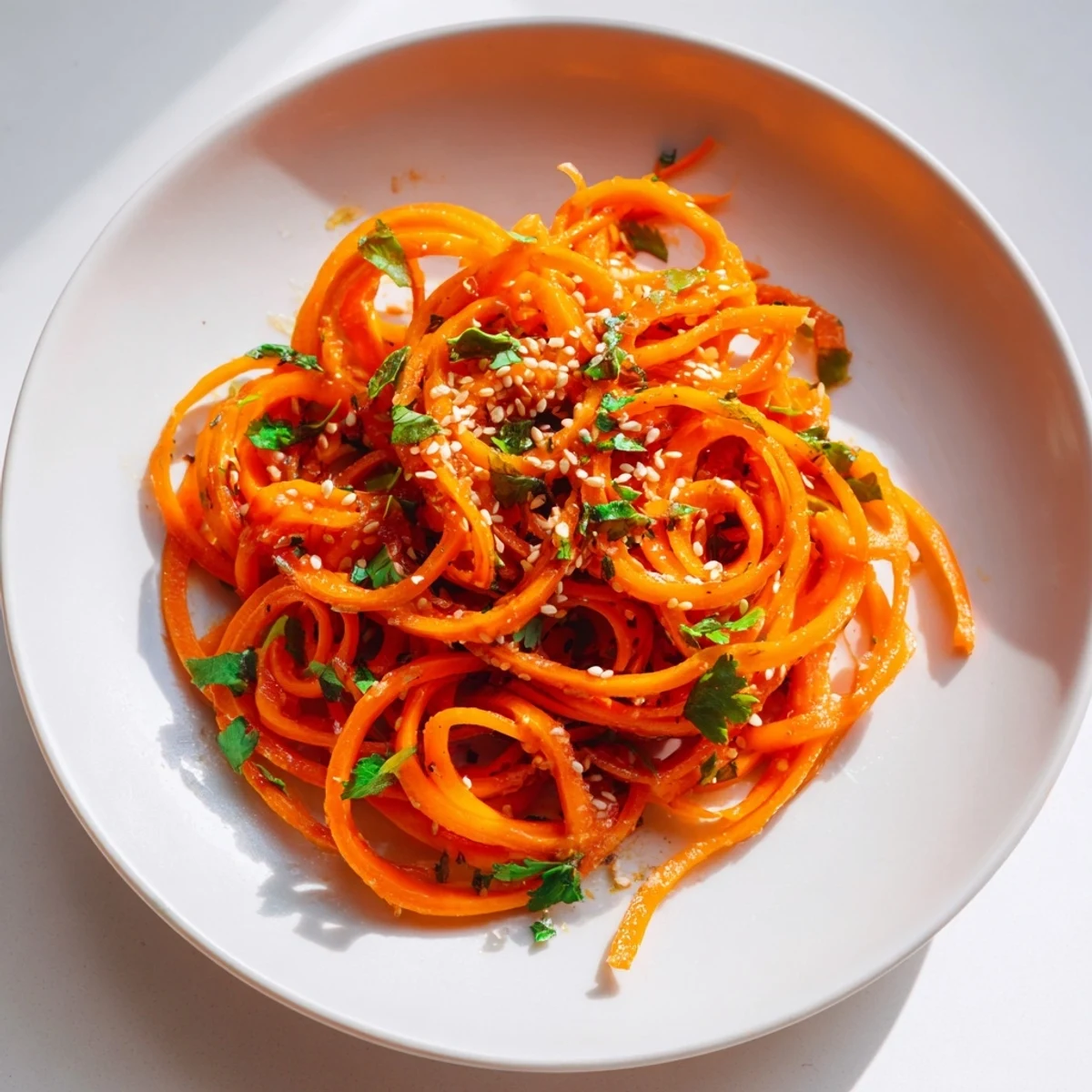 Freshly assembled Carrot Ribbon Salad Asian-Style garnished with cilantro; a light Asian-inspired side.