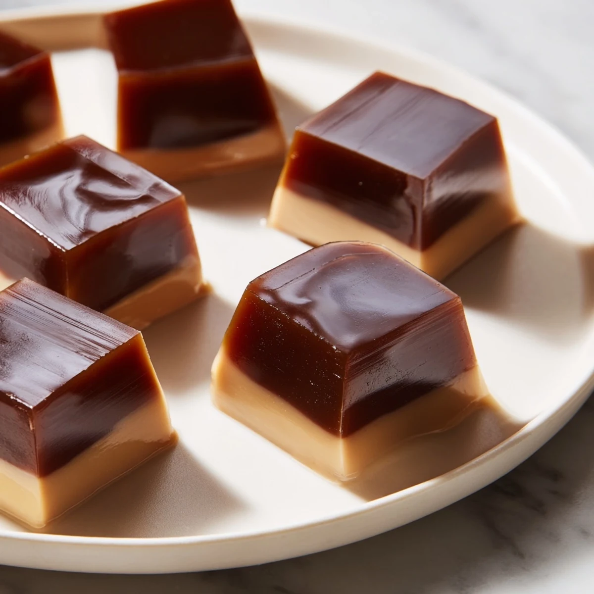 Cubos brillantes de café jelly en un postre refrescante, cubiertos con crema dulce.