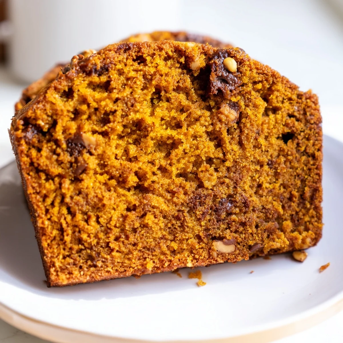 Golden-brown pumpkin bread loaf, sliced and inviting, suggesting a delicious homemade treat.