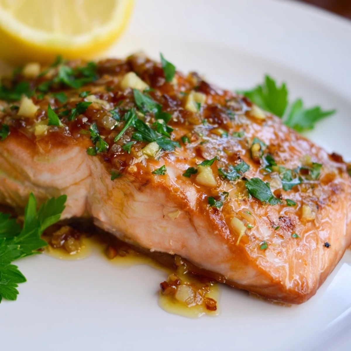 Juicy honey garlic glazed salmon, glistening on a plate, ready to be served with lemon wedges.