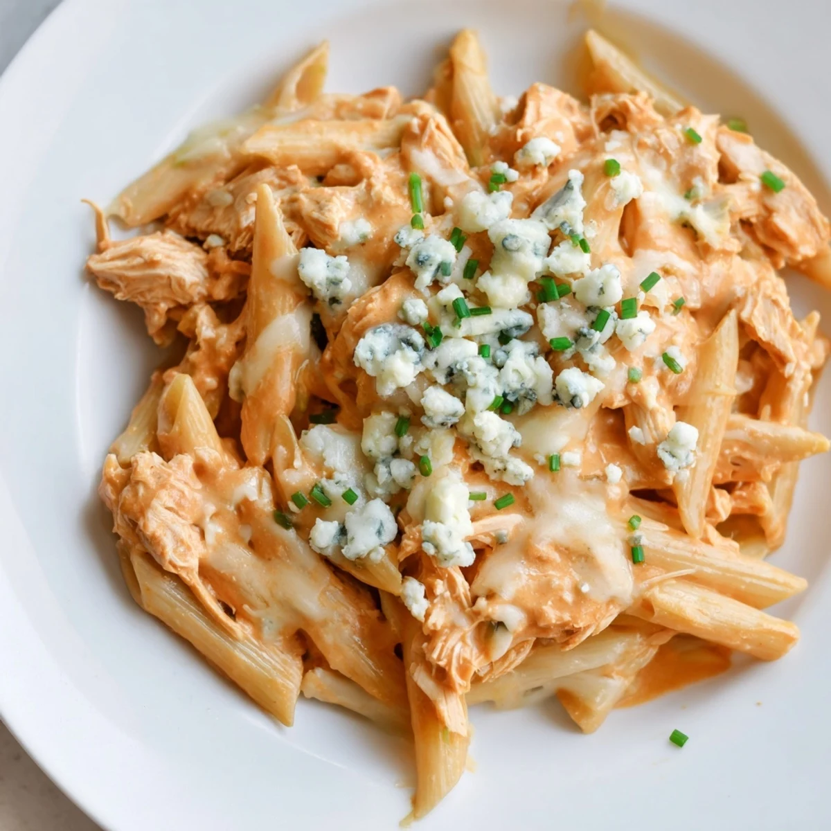 Rich and creamy Buffalo Chicken Pasta, topped with crumbly blue cheese and fresh herbs, ready to serve.