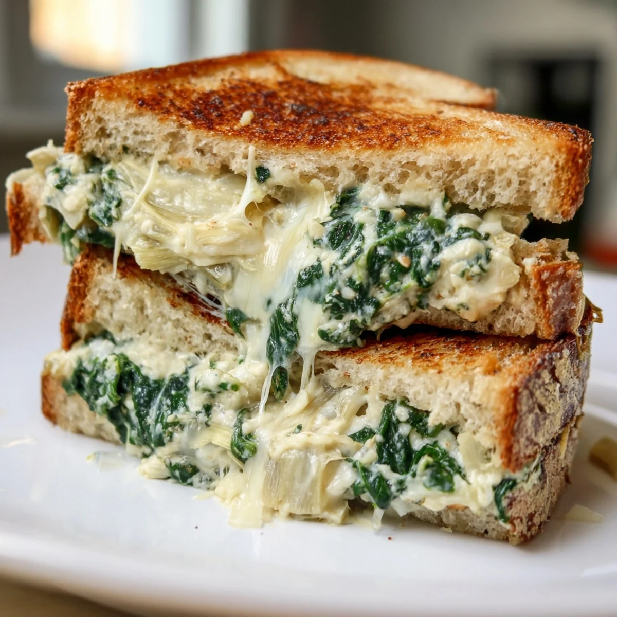 Golden, crispy Spinach Artichoke Grilled Cheese oozing with melted cheese, ready for a comforting meal.