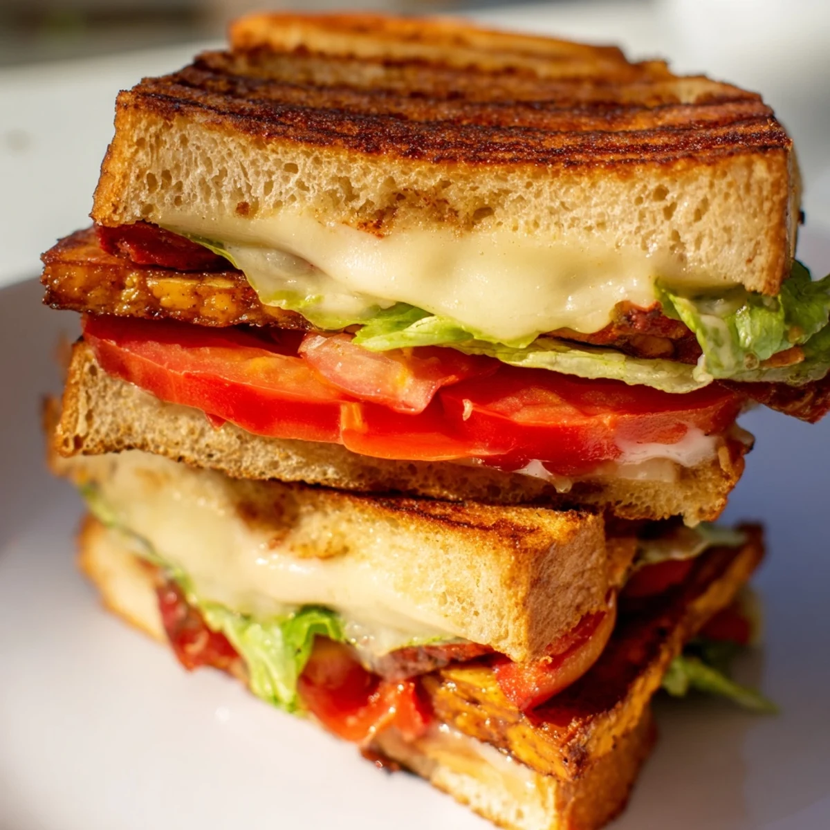 Golden-brown Vegan Bacon BLT Grilled Cheese, oozing melted cheese and crispy vegan bacon layers.