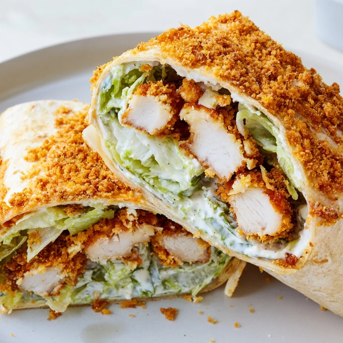 Golden crispy chicken Caesar wrap, a delicious handheld meal with fresh romaine and creamy dressing.