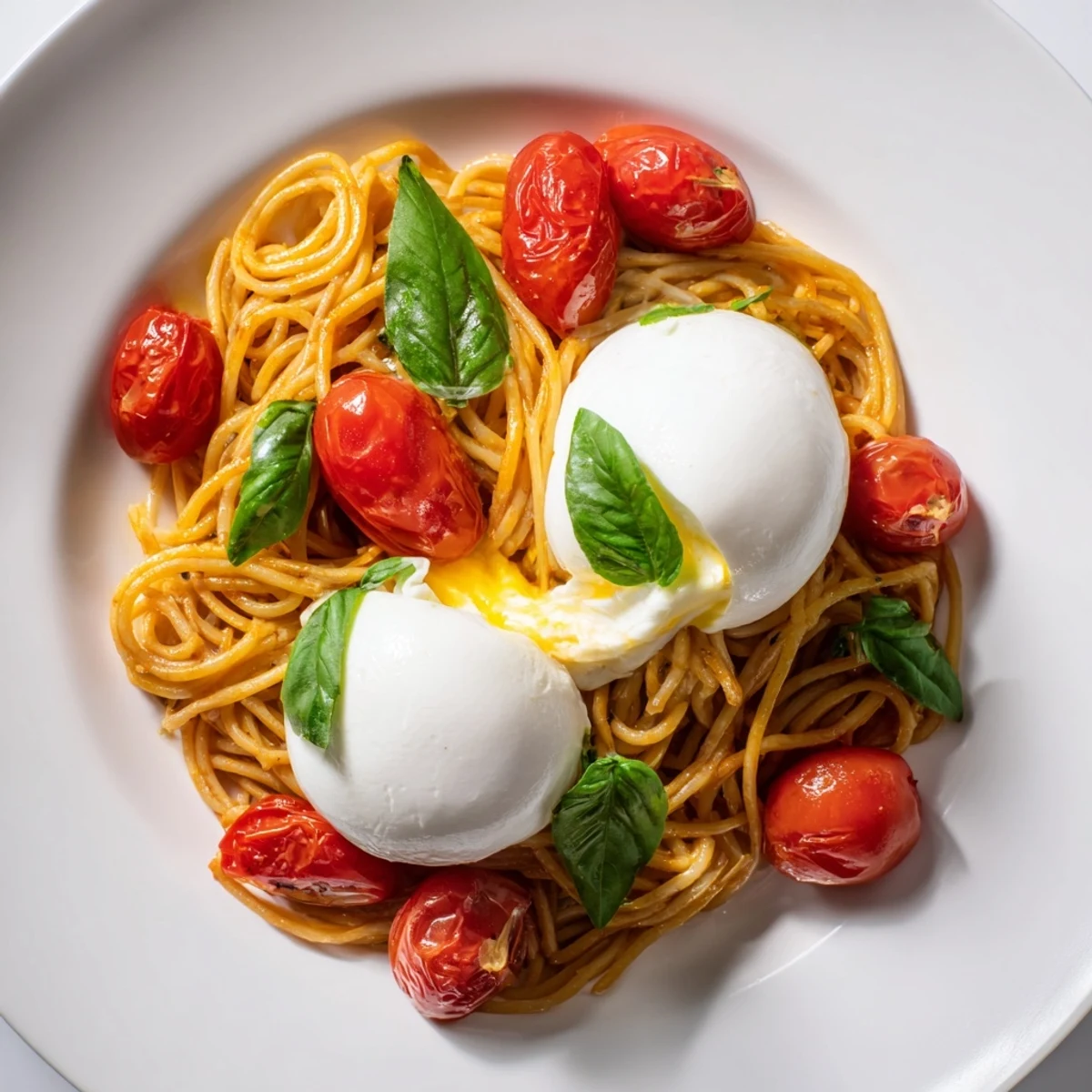 A close-up of Burrata Caprese Pasta: soft burrata atop a bed of vibrant, tomatoey pasta.