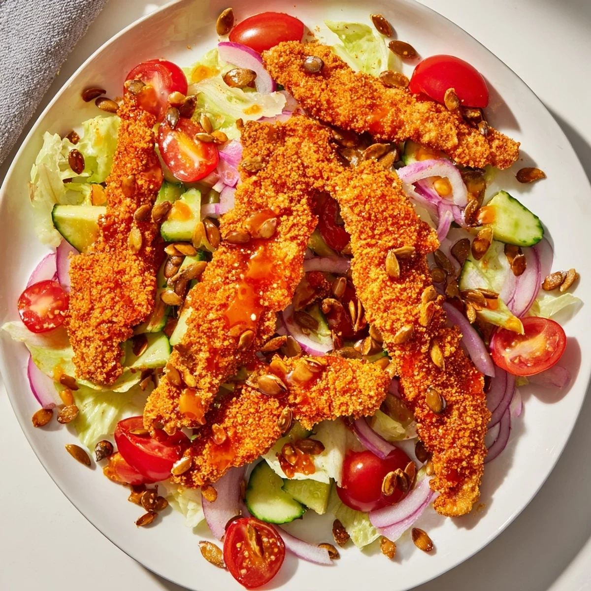 Crispy Hot Honey Chicken Salad on a white plate, golden chicken and fresh romaine lettuce.