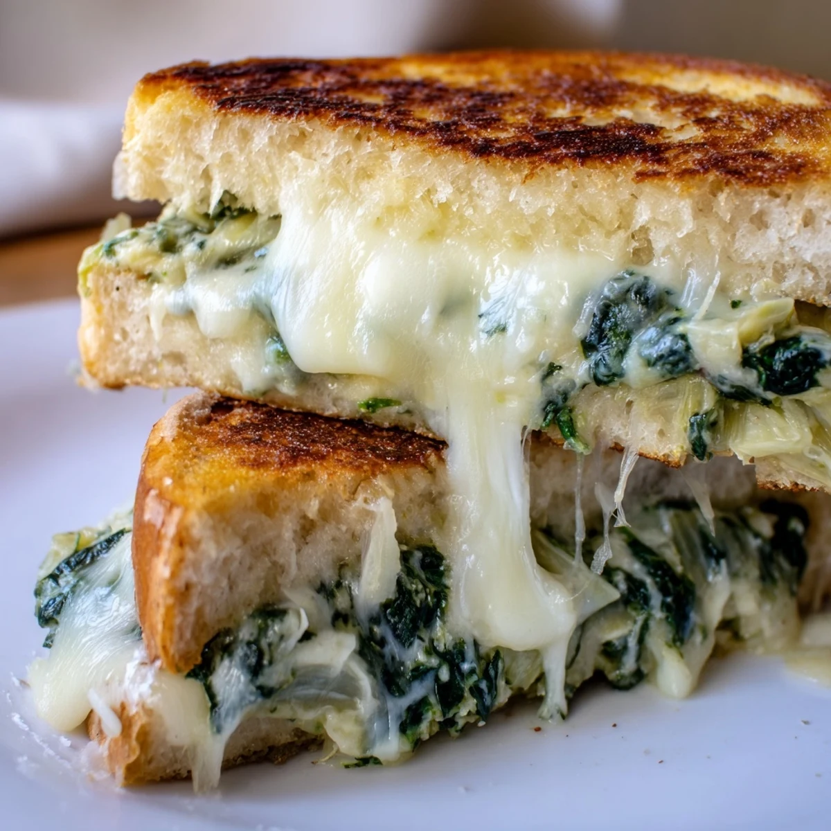 A close-up shot of a golden Artichoke Spinach Grilled Cheese, perfectly grilled on sourdough.
