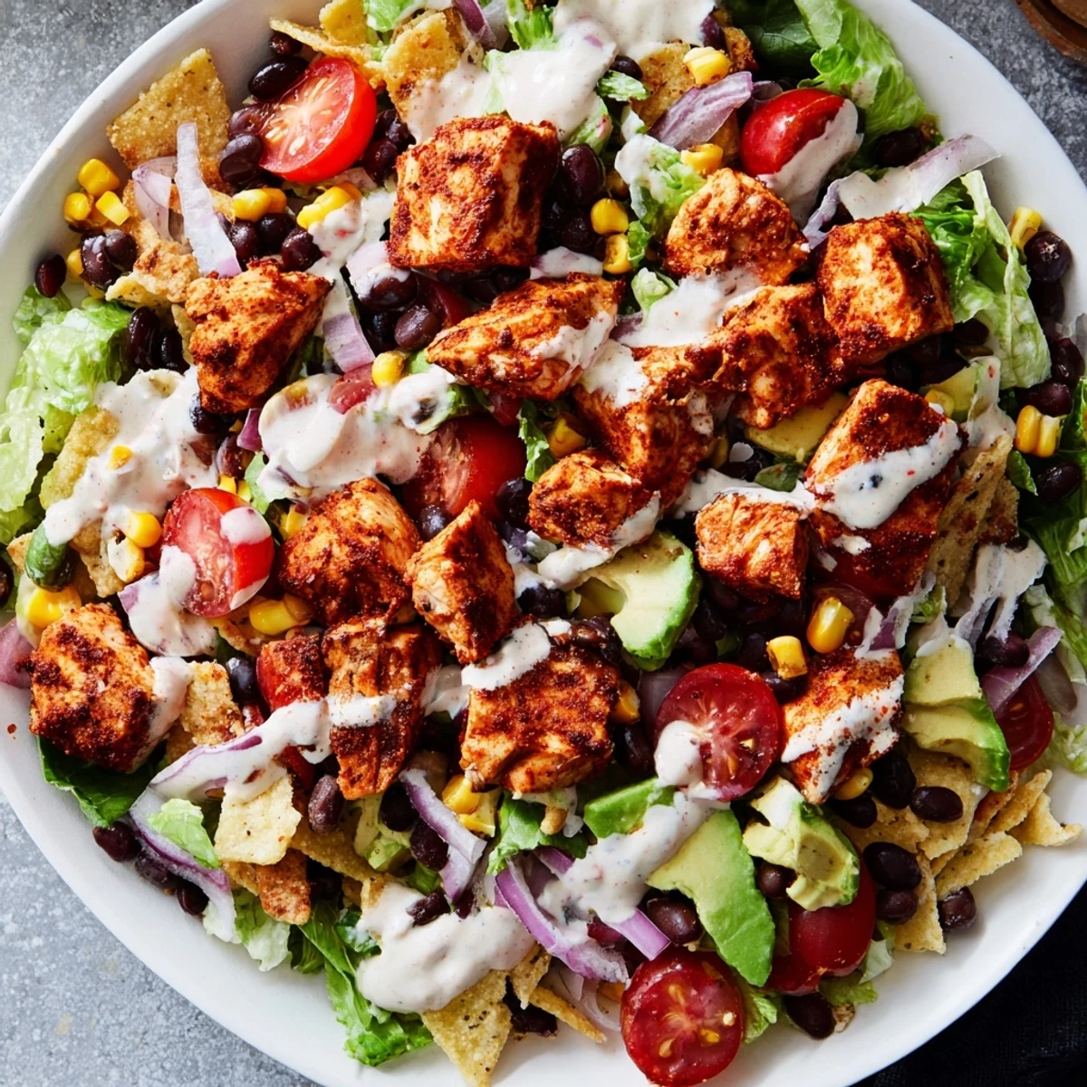 This Chicken Taco Chopped Salad features seasoned chicken, crispy lettuce, and creamy salsa ranch dressing.