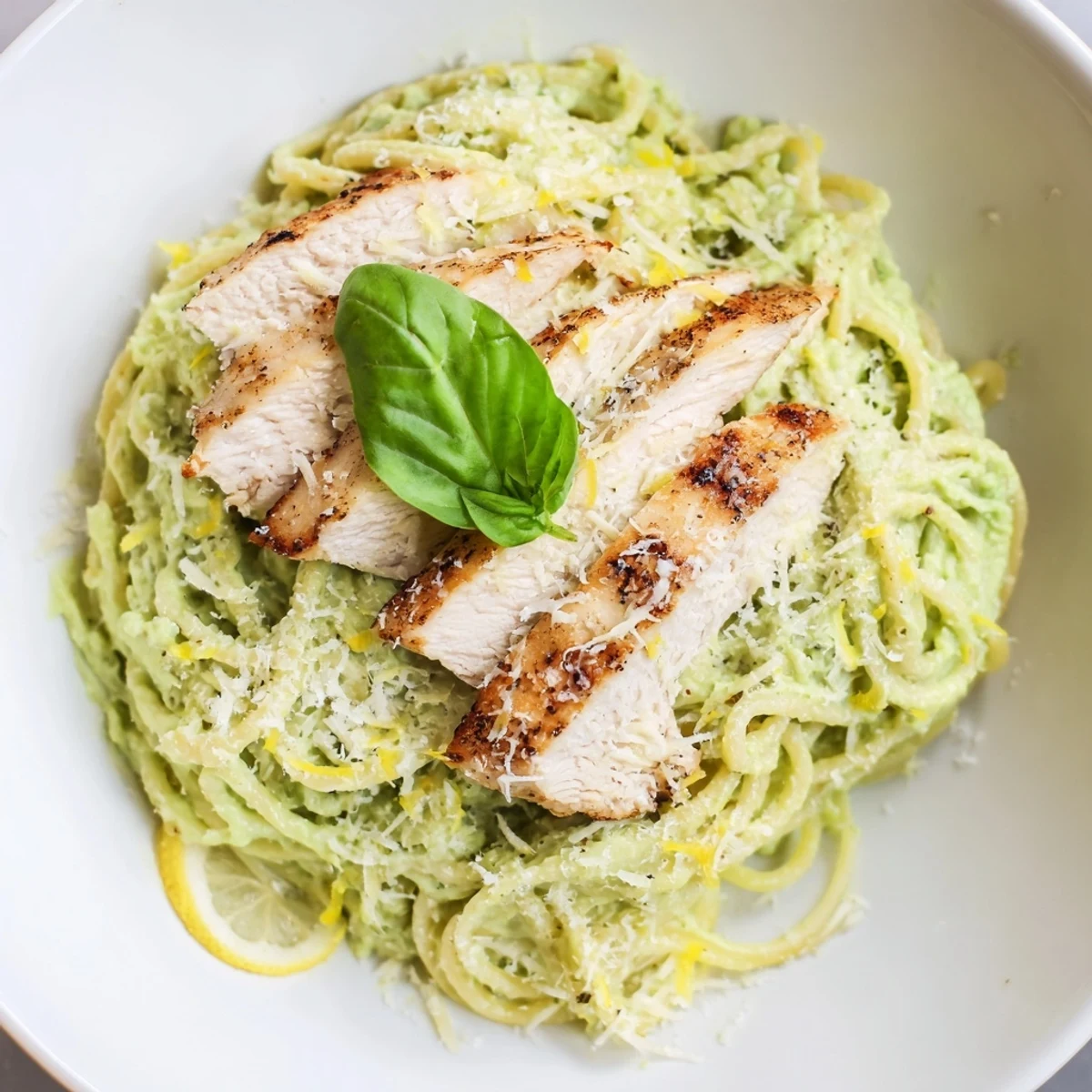 Delicious creamy avocado chicken pasta, perfectly plated with Parmesan cheese, ready for a flavorful meal.