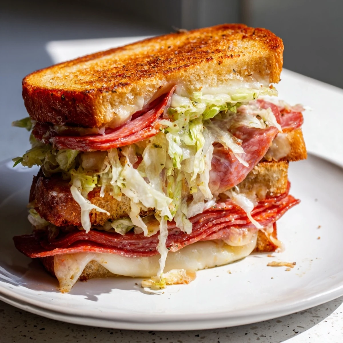 Crispy Italian Sub Grilled Cheese with melted cheese oozing, piled high with meats.