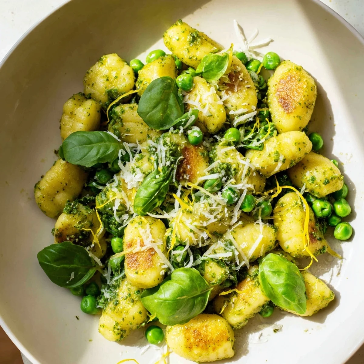 A close-up shot of the delicious Pesto Pea Gnocchi Skillet, tossed with Parmesan and fresh basil.