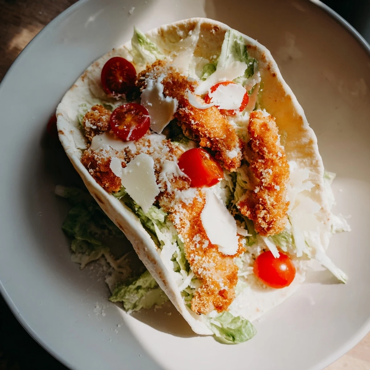 Warm, soft pita filled with savory, air-fried chicken; a perfect Crispy Chicken Caesar Pita.