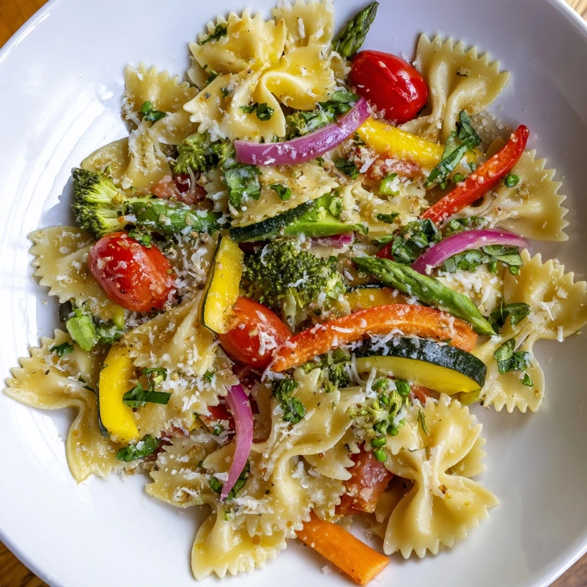 A vibrant bowl of Rainbow Veggie Pasta Primavera, with colorful vegetables and bow-tie pasta.
