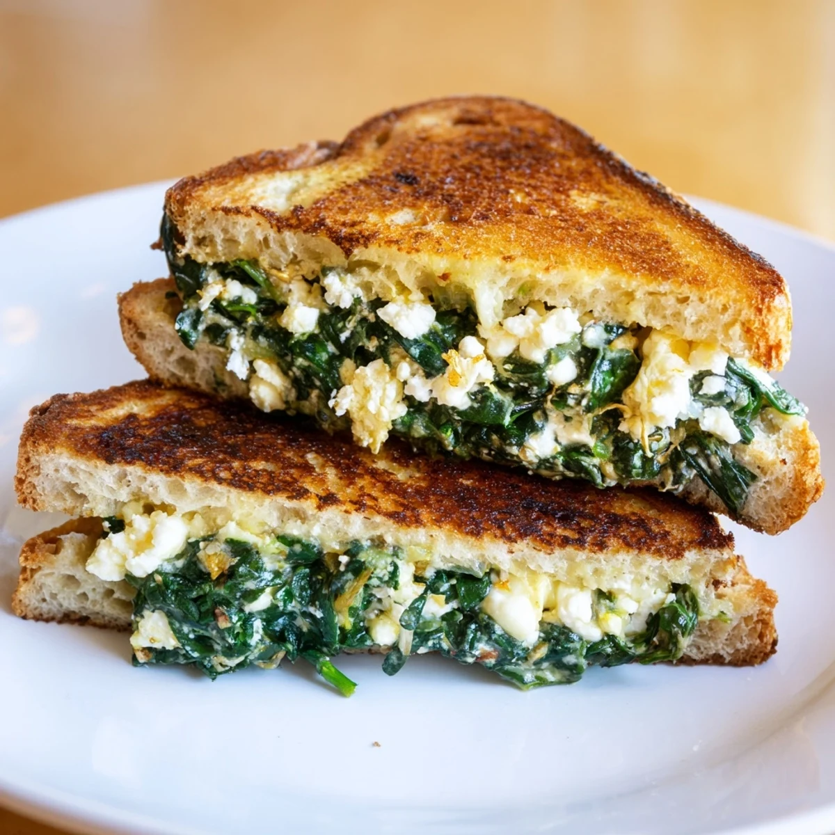 A close-up of a warm, melty Feta & Spinach Stuffed Grilled Cheese, a delicious vegetarian sandwich.