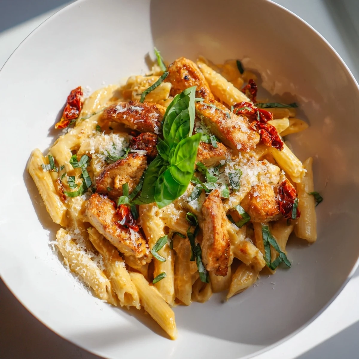 Creamy Sun-Dried Tomato Chicken Pasta drizzled with fresh basil, ready for enjoying a delicious Italian dinner.