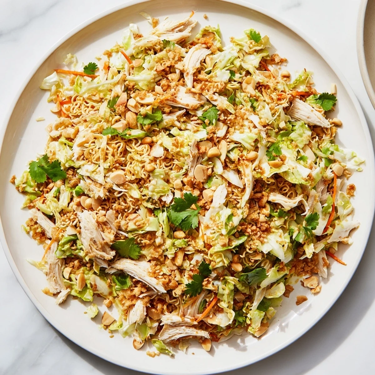 Crunchy Ramen Chicken Salad: A colorful bowl of fresh salad with crispy noodles ready to enjoy.