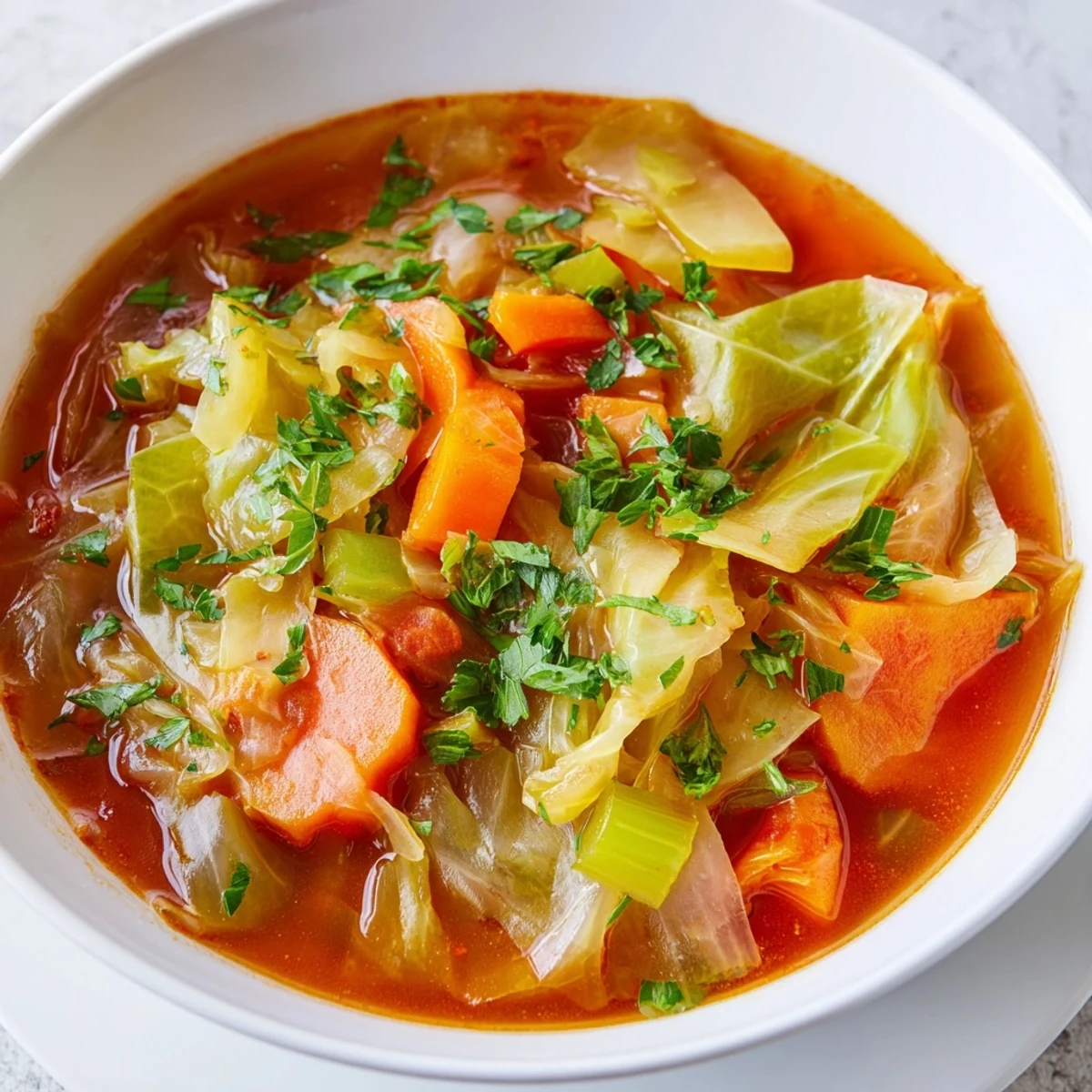 Tazón de sopa de repollo clásica, con zanahorias y apio en un caldo de tomate aromático, servido caliente.