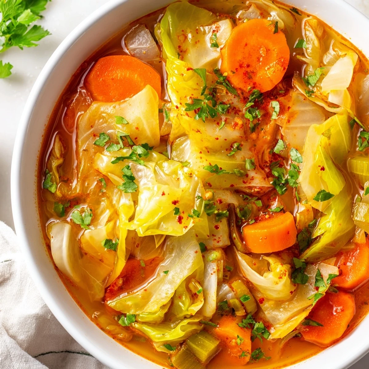 Receta de sopa de repollo clásica, con trozos de vegetales frescos y un brillo aterciopelado en la cocción.