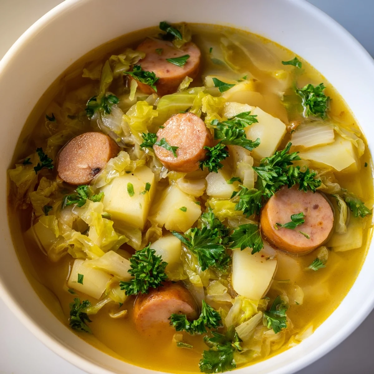Close-up of Sausage, Potato and Cabbage Soup featuring tender cabbage, diced potatoes, and savory sausage slices in broth.