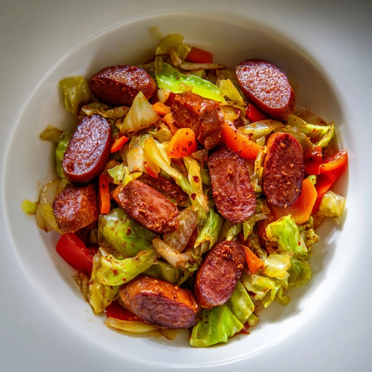 This hearty Smothered Cabbage With Sausage Skillet features tender green cabbage and savory sausage sautéed with onions.