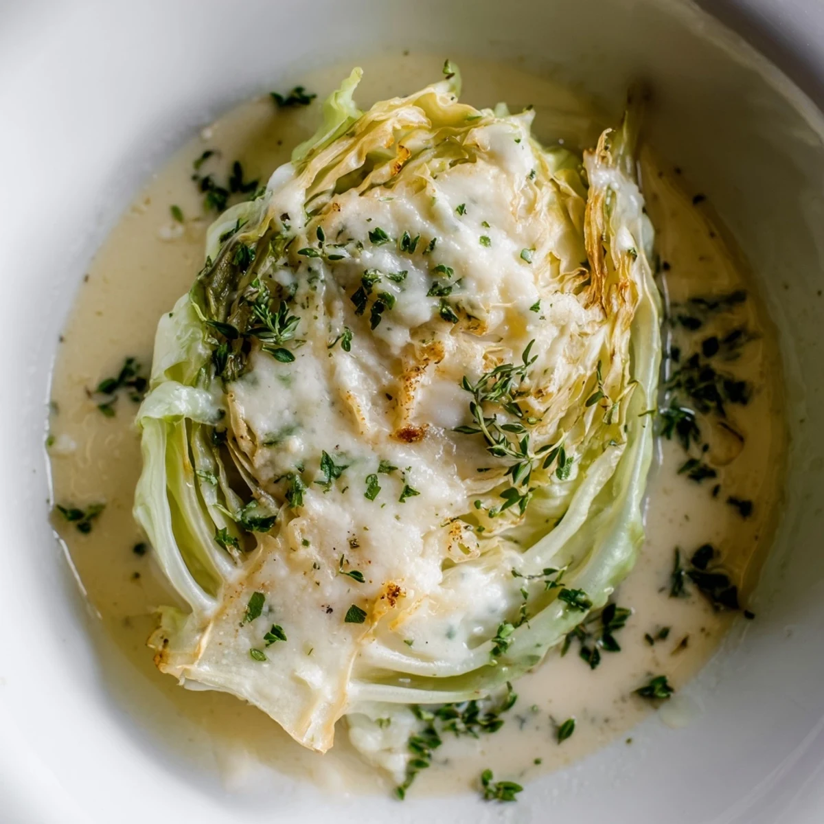 Bowl of Herby Cabbage in Parmesan Broth with tender wedges and melted Parmesan.