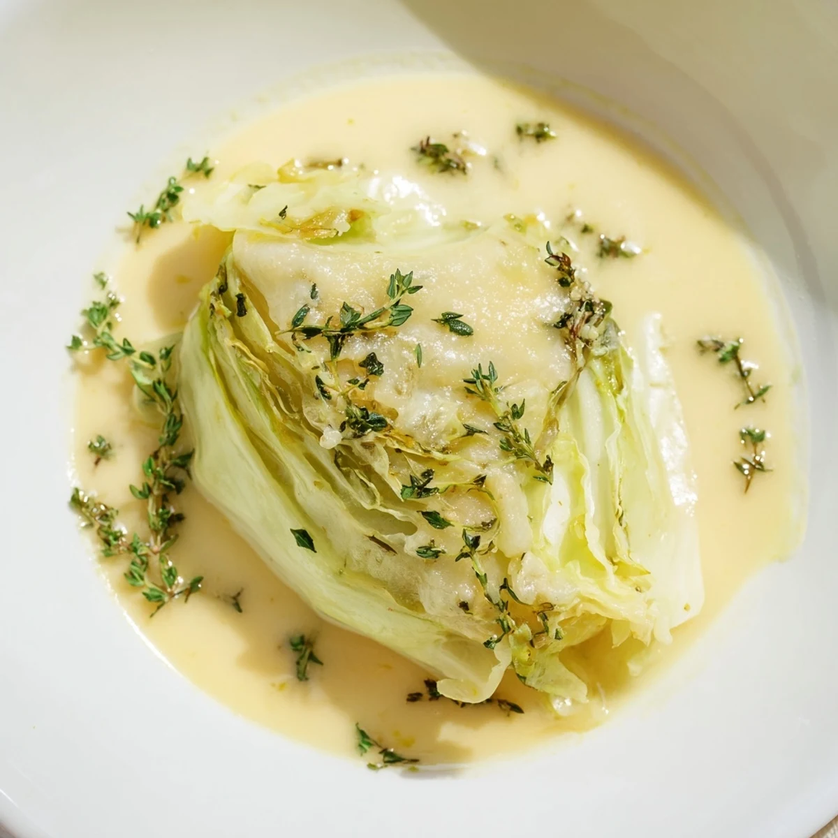 Herby Cabbage in Parmesan Broth served warm with a spoon and fresh herbs.