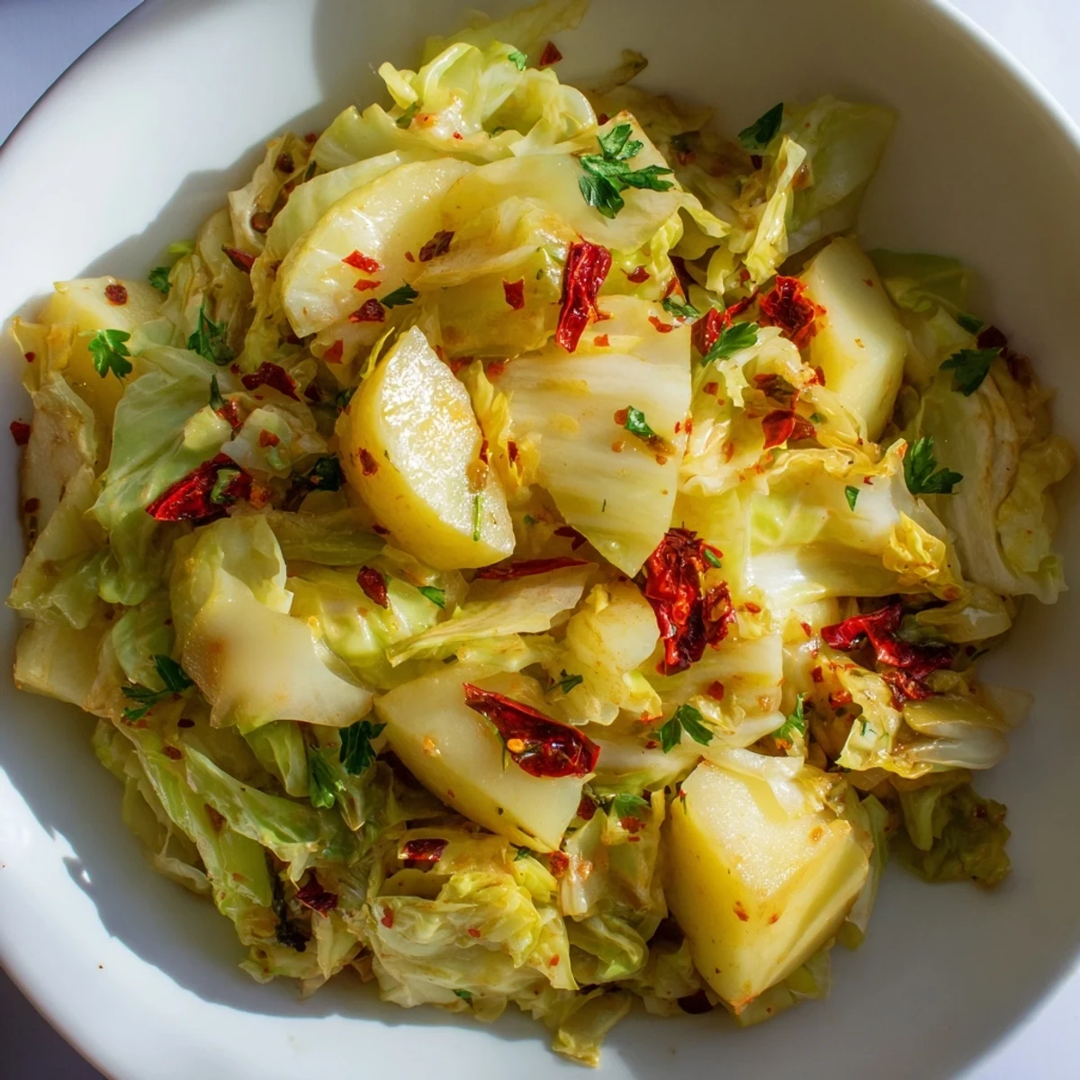 Cáscara de repollo braisé con papas y chiles en una olla, presentando texturas tiernas y un caldo sabroso para una cena reconfortante.