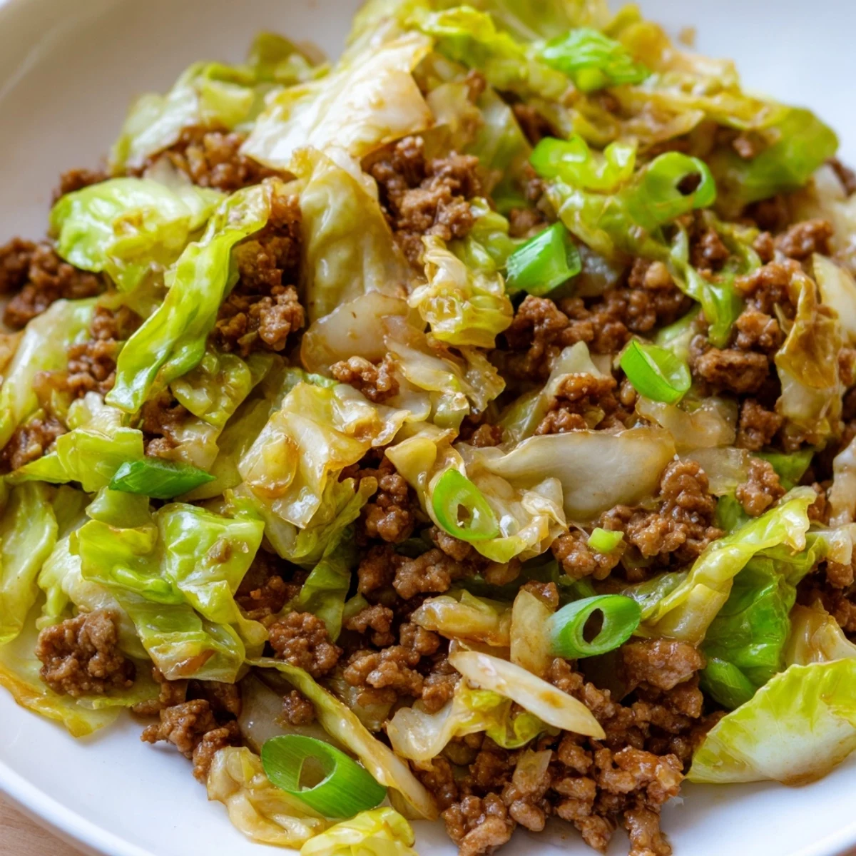 Chinese Ground Beef and Cabbage Stir-Fry with sizzling ground beef and crisp green cabbage coated in a glossy, savory umami sauce.  