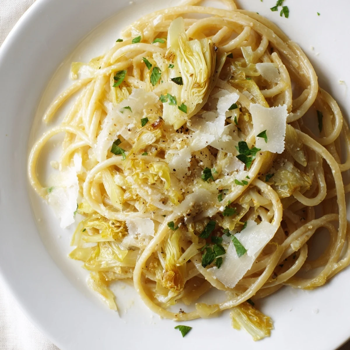Un plato de pasta casera con repollo dorado, ajo fragante y un toque de chile rojo.