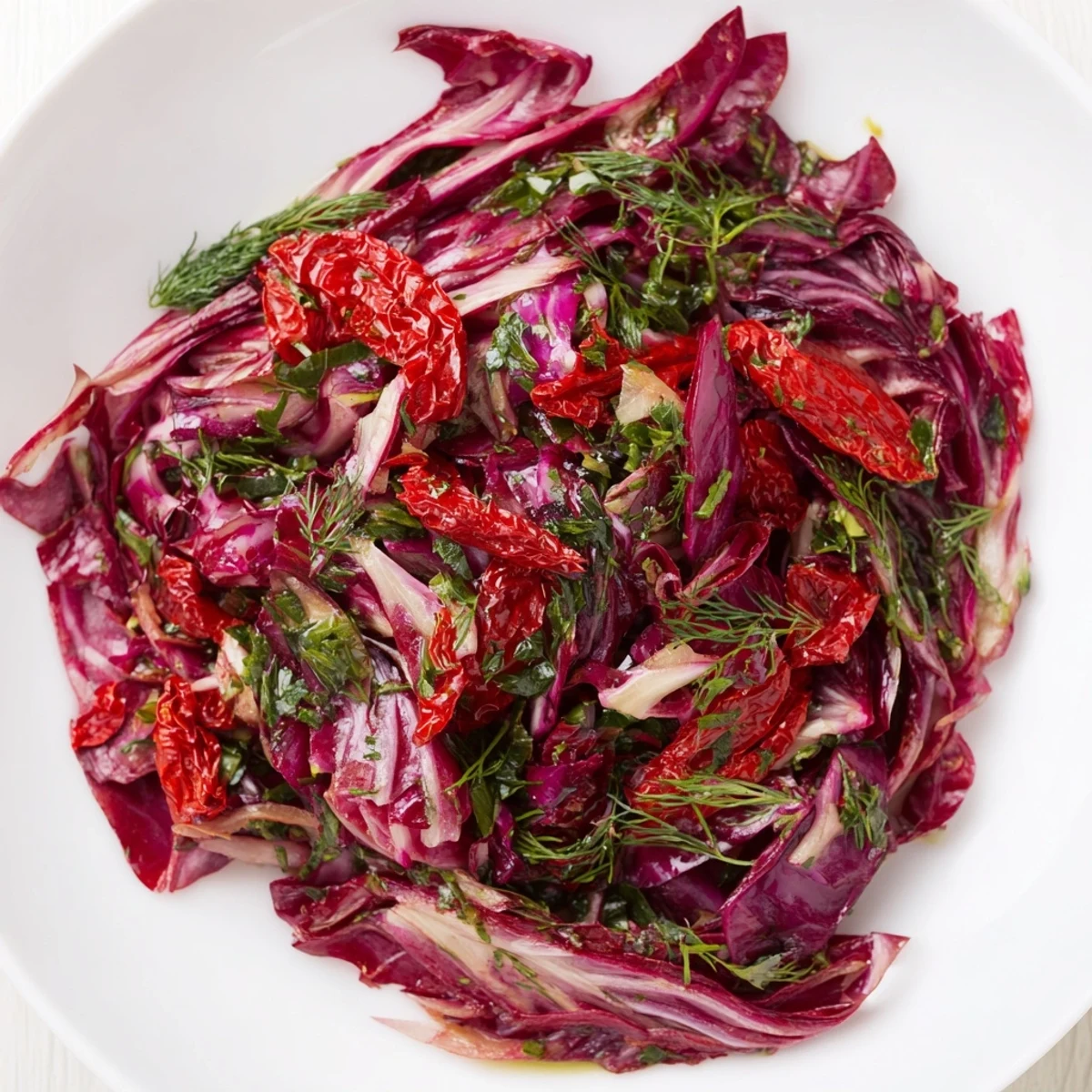 Close-up view of a delicious Cabbage Salad With Sundried Tomatoes, highlighting juicy tomato pieces, crunchy vegetables, and a glistening herby dressing.