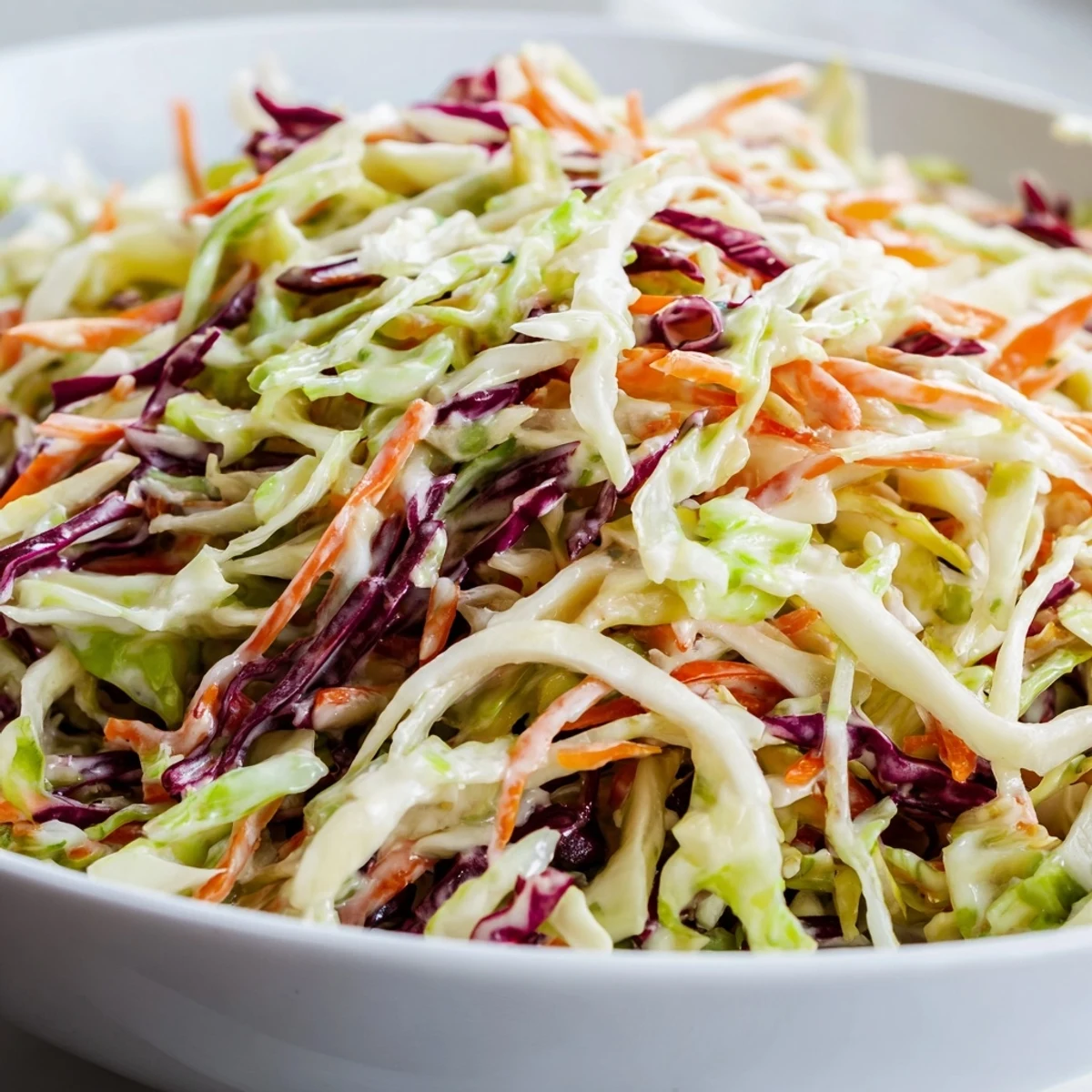 Coleslaw With Creamy Dressing featuring crisp green and red cabbage and bright carrots in a tangy, velvety dressing, ready to serve.