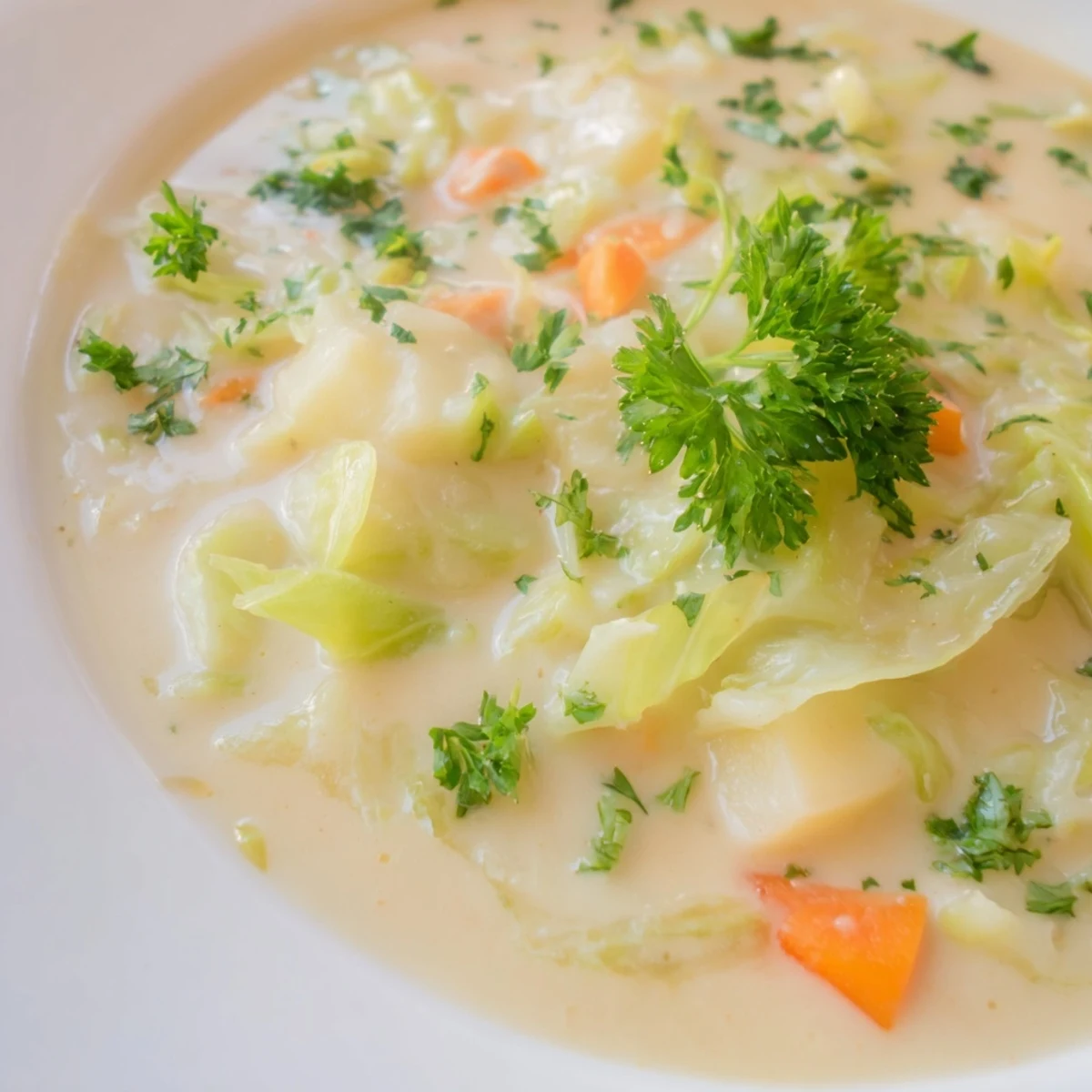Cazuela de crema de papas con repollo, con trozos tiernos de vegetales y un toque de perejil fresco.