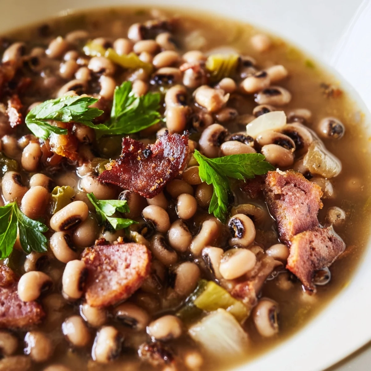 Southern-Style Black-Eyed Peas simmering in a pot with smoked sausage and aromatic vegetables, garnished with fresh parsley.