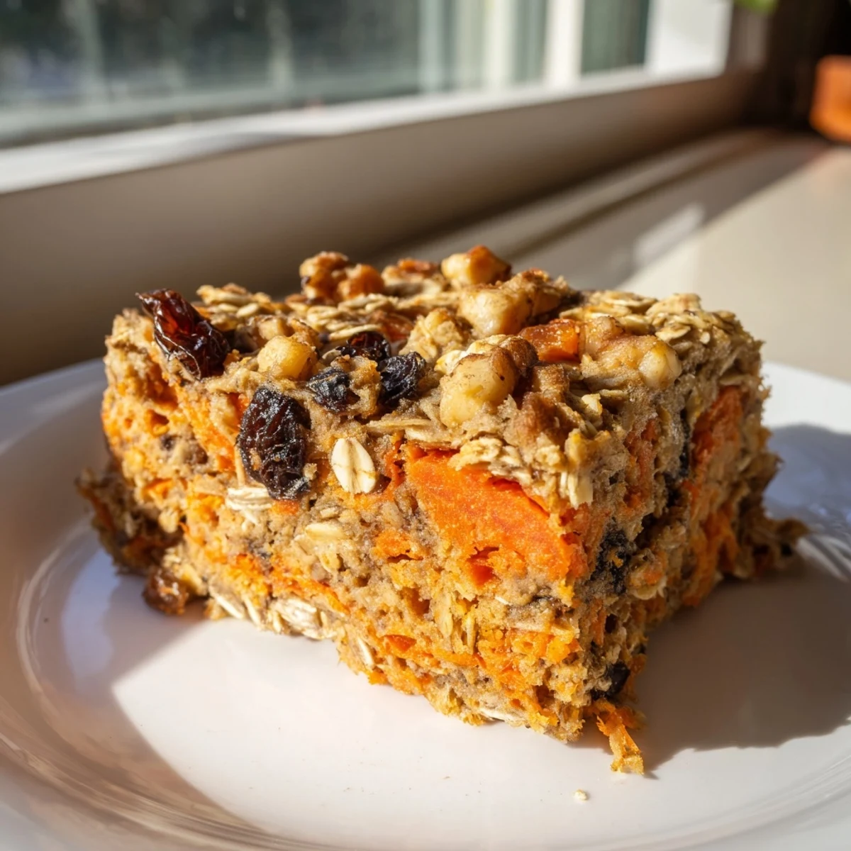 Una foto de la cocción de avena al horno con zanahorias, con un aroma a pastel de zanahoria, recién horneada y servida en un plato.