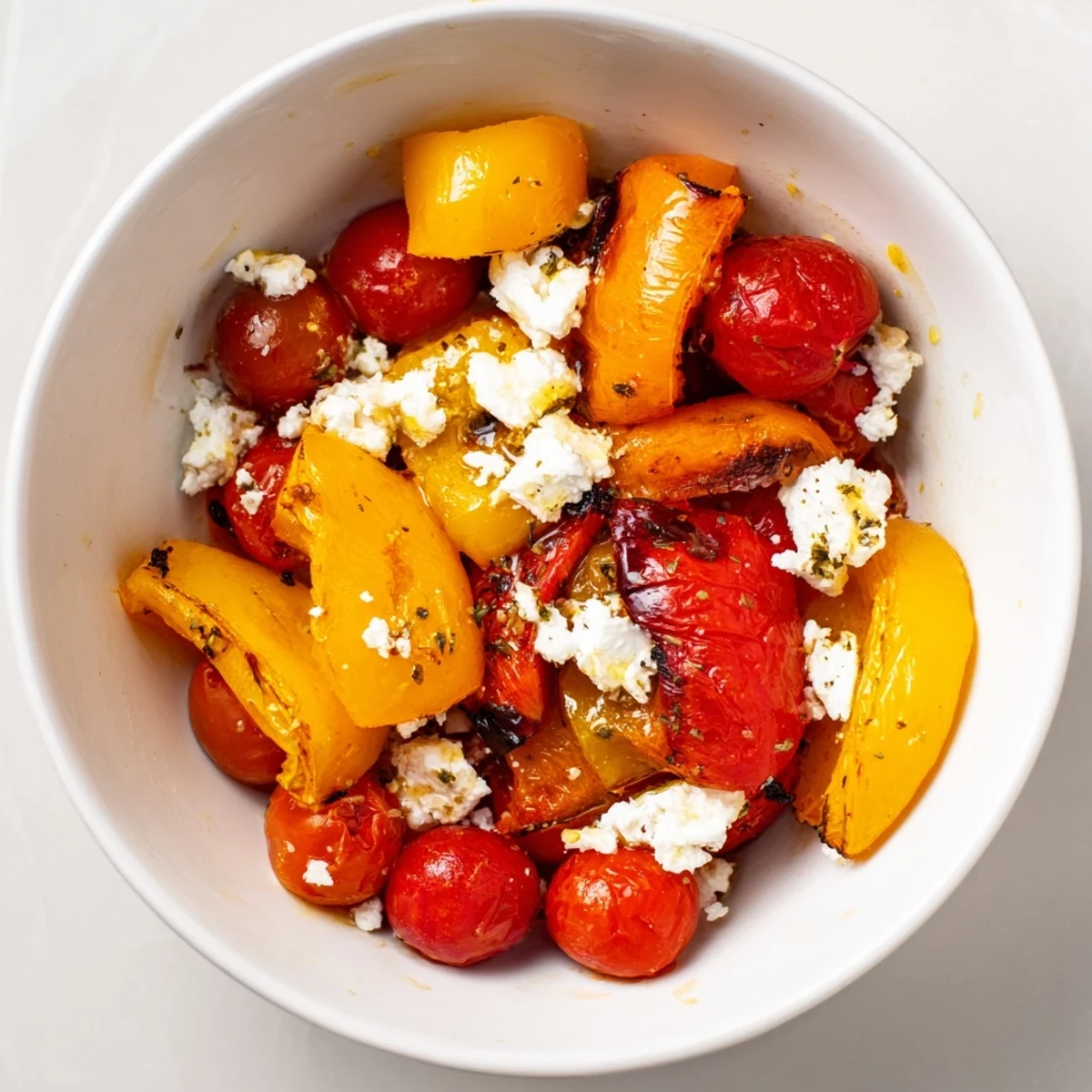 Esta ensalada griega asada muestra pimientos rojos asados, berenjena tierna y feta desmenuzado sobre pepino fresco.