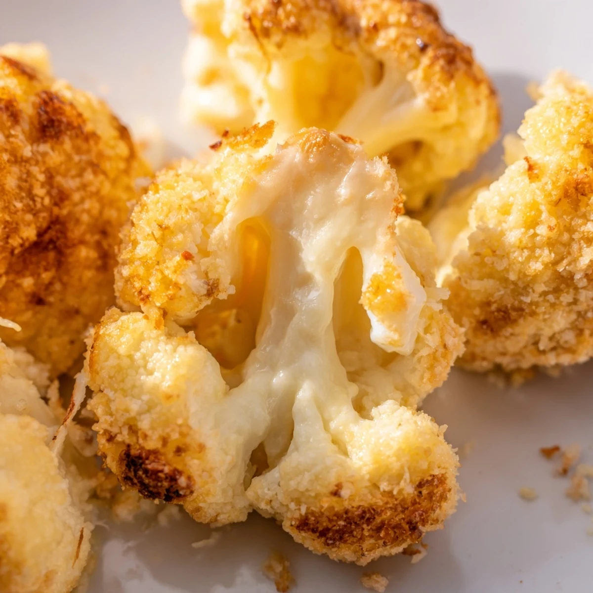 A slice of Cheesy Stuffed Cauliflower Head reveals a creamy, garlicky center with herbs, resting on a rustic plate for a family meal.