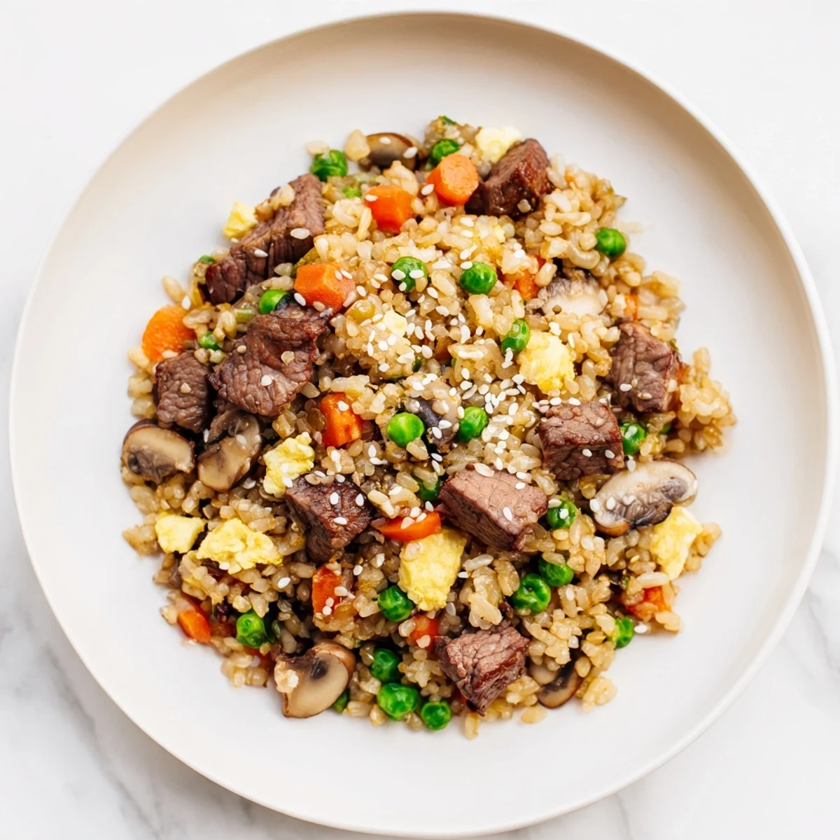 Un bolado vibrante de Easy Hibachi Steak With Fried Rice en un plato blanco, con trozos de bistec dorado, verduras frescas y granos de arroz sueltos.
