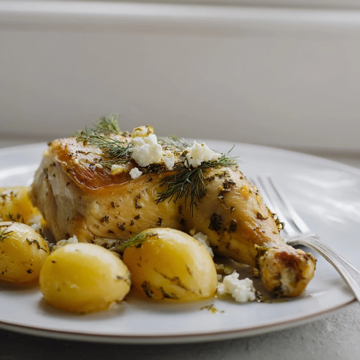 Golden-brown roasted chicken resting beside buttery pot potatoes, topped with crumbled feta and fresh herbs.
