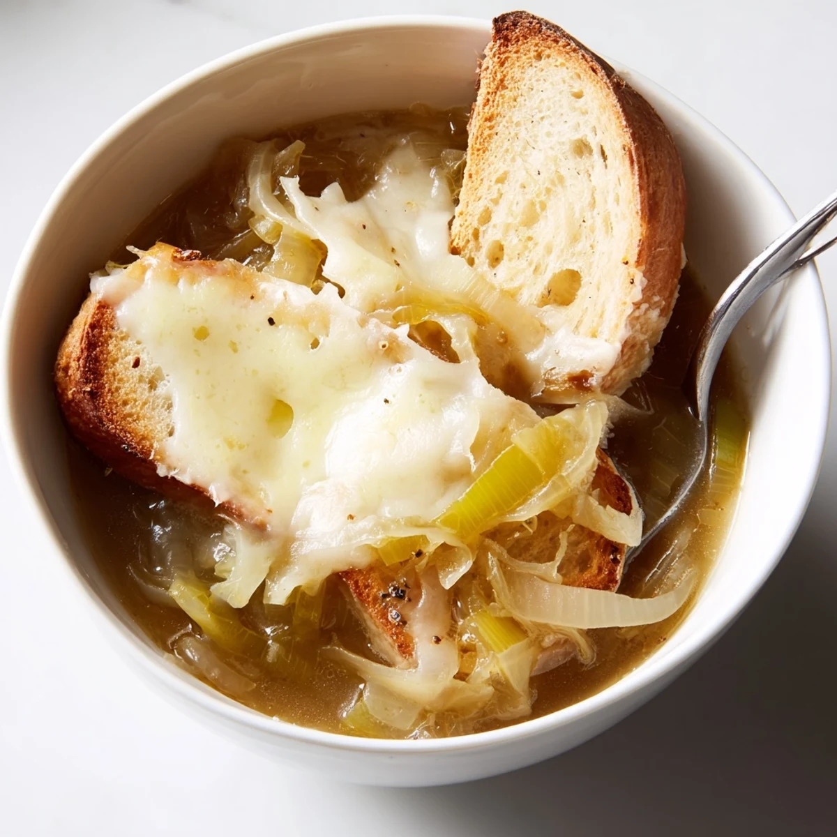 Sopa francesa de cebolla con cebollas caramelizadas y queso Gruyère fundido.