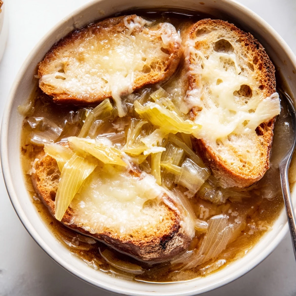Una French Onion Soup tradicional, con cebollas doradas y una capa de queso gratinado.
