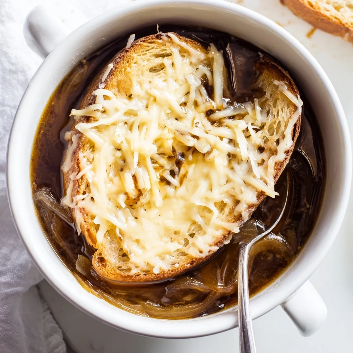 La tradicional sopa francesa de cebolla lista para disfrutar, presentada con una capa de queso derretido y pan crujiente.
