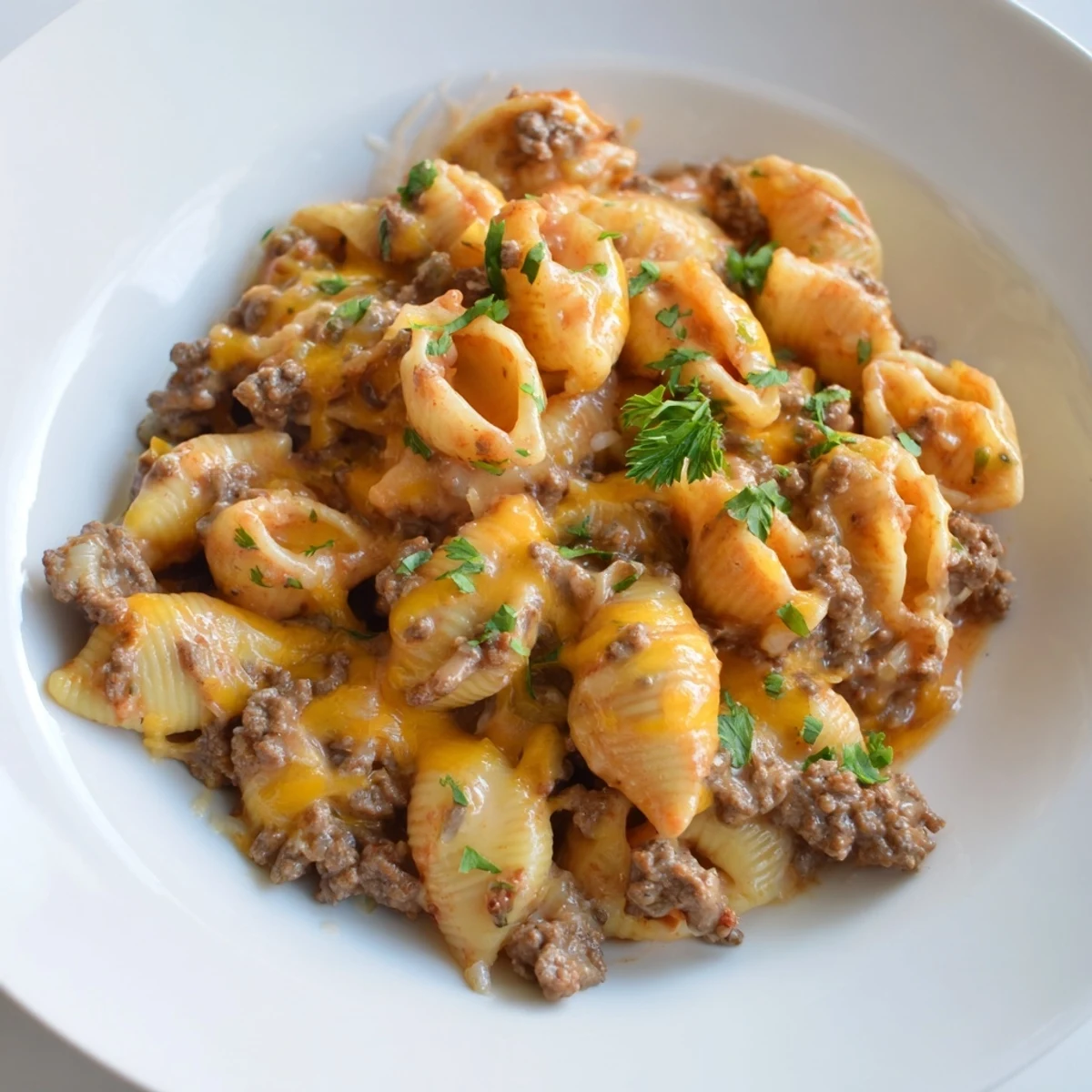 Una olla llena de conchas de pasta, carne de res y una salsa de tomate cremosa con un poco de perejil fresco por encima.